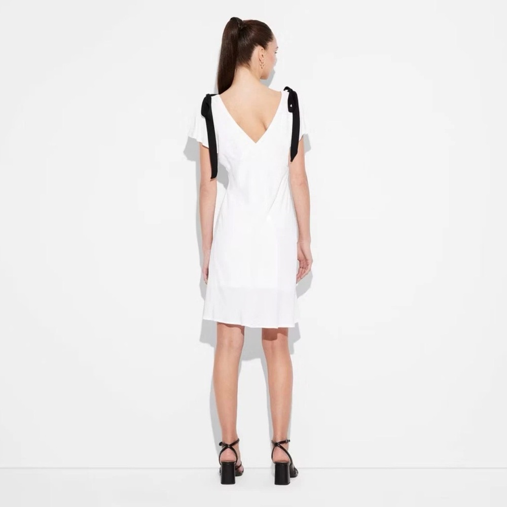 NWT Wild Fable White Flutter Short Sleeve Mini A-Line Dress, Bow Accents, V-Neck - Picture 3 of 11